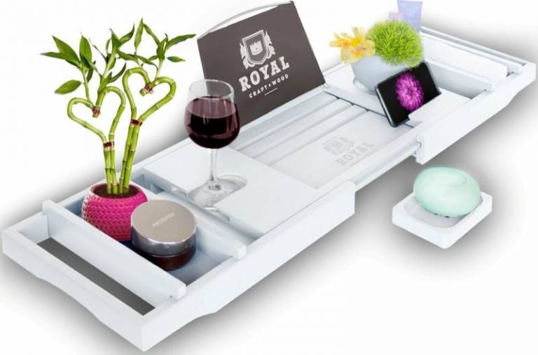 Royal Bamboo Bathtub Caddy Tray with Extending Sides in White